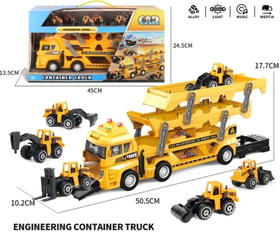 Камион Автовоз с 6 Метални Машини за Строителство със Светлина и Звук, Катапулт, 51×18×10 см Кутия 45×14×25 см